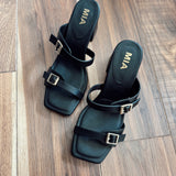 Arrabella Black Square Toe Double Strap Chunky Heel