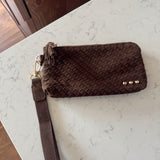 Chocolate Suede Emma Woven Clutch Wristlet