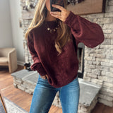 Burgundy Cable Pointelle Puff Sleeve Sweater
