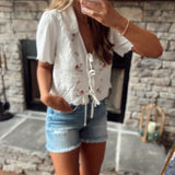 White Collared Embroidered Front Ties Top