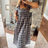 Navy & Pink Plaid Puff Midi Dress
