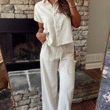 Natural Bow Trim Edge Soft Linen Button Down