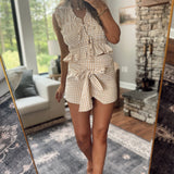 Toby Taupe Gingham Tie Front Sleeveless Top