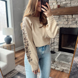 Oatmeal Floral Embroidered Sleeve Sweater