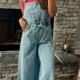 Flirty Throwback Lt Denim Tie Back Overall Jumpsuit