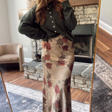 Olive Floral Satin Maxi Skirt