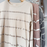 Frosted Oatmeal Beaded Stripe Crew Neck Long Sleeve IN STORE