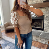 Fashion Forward Brown Floral Lace Puff Short Sleeve Knit Sweater