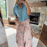 Pink Flower Printed Denim Drop Waist Pants