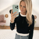 Black Smarty Pants Cable Knit Henley layered Sweater