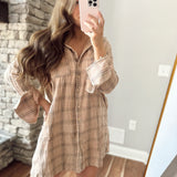 Autumn Days Mocha Mineral Washed Plaid Long Sleeve Dress