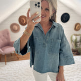 Washed Denim Peggy Popover Blouse