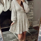 Meet at Midnight Champagne Sequins Long Sleeve Tiered Mini