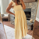 Yellow Gingham Eyelet Trim Maxi Dress