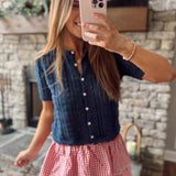 Karter M.Navy Crochet Button Up Sweater Top