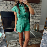 Clover Green Mineral-Washed Denim Cargo Style Romper