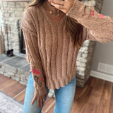 Mocha Flower Embroidered Cable Sweater Top