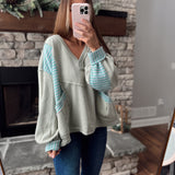 Olive Multi Tracey Stripe V-Neck Pullover Sweater w/ Side Pockets