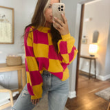 All That Mustard/ Fuchsia Check Sweater