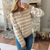 Mocha & Pink Striped Henley Sweater