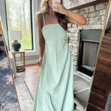 Coastal Breeze Sage Textured Stripe Bubble Hem Tie Shoulder Midi