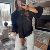 Black Puff Sleeve Button Down Shirt