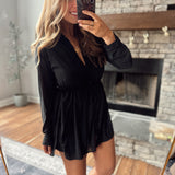 Black Ribbed Belted Button Up Shirt Romper