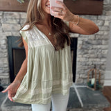Kennedy Pistachio Lace Accent Zip Neck Tank