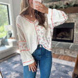 Shelly Off White Multi Floral Print V Neck long Sleeve