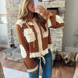 So Coastal Chocolate Crochet Knit Hooded Cropped Button Down