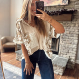 Tia Beige V-Neck Textured Hooded Pullover