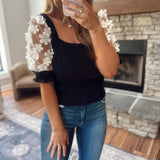 Fashion Forward Black Floral Lace Puff Short Sleeve Knit Sweater