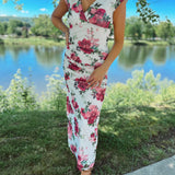 Sweet & Stylish Pink Peony Ruched Maxi Dress