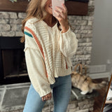 Ivory Multi Hooded Hi Lo Striped Sweater