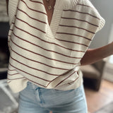 Cream/Rust Striped Notch Sweater Vest