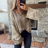POL Vintage Vibe Mocha/Olive Mineral-Wash Bell Sleeve Sweater