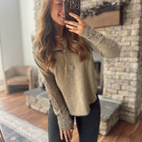 Perfect Catch Olive Crochet Patch Henley IN STORE