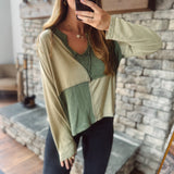 Grayce Green Color Block V-Neck Long Sleeve