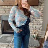 Rowan Light Blue Floral Mesh Fitted Long Sleeve
