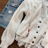 Ivory V-Neck Lace Trim Button Down Sweater