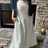 White/Baby Blue Pinstriped Smocked Midi