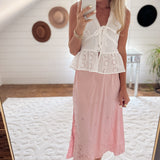 Dusty Pink Embroidered Satin Midi Skirt