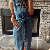 Destiny Denim Button Down Sleeveless Midi with Tie Belt