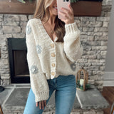 Frosted Petals Cream 3D Flower Patch Knit Button Down Cardi