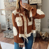 So Coastal Chocolate Crochet Knit Hooded Cropped Button Down