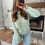 Mint Floral Embroidered Cable Knit Sweater