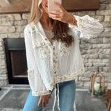 Warm Breeze Off White/Natural Floral Gauze/Mesh Mix Hooded Button Down