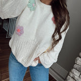 Presley POL Cream Flower Patch Chunky Knit Crew Sweater