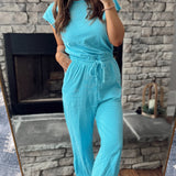 Aqua Blue Short Sleeve Jogger Jumpsuit