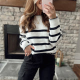 Comfortable Cuteness White/Black Striped Crew Sweater
